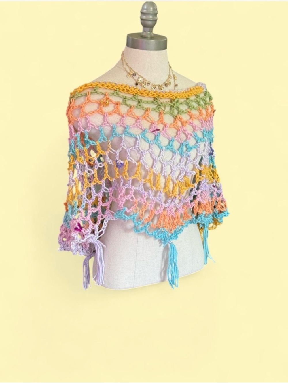 Handmade Y2K Crochet Knit Poncho in Pastel Rainbow